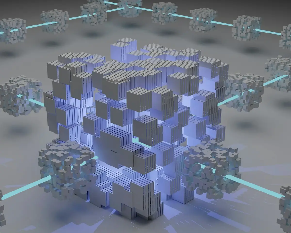 Connected 3D blocks representing a distributed, scalable cloud architecture